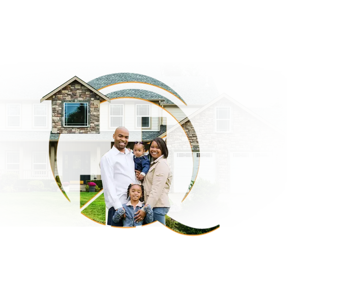 A family standing in front of their new home